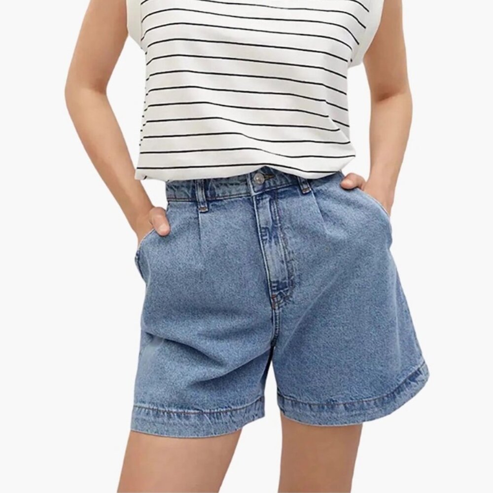 Mango Blue Denim Slouchy Pleated Shorts